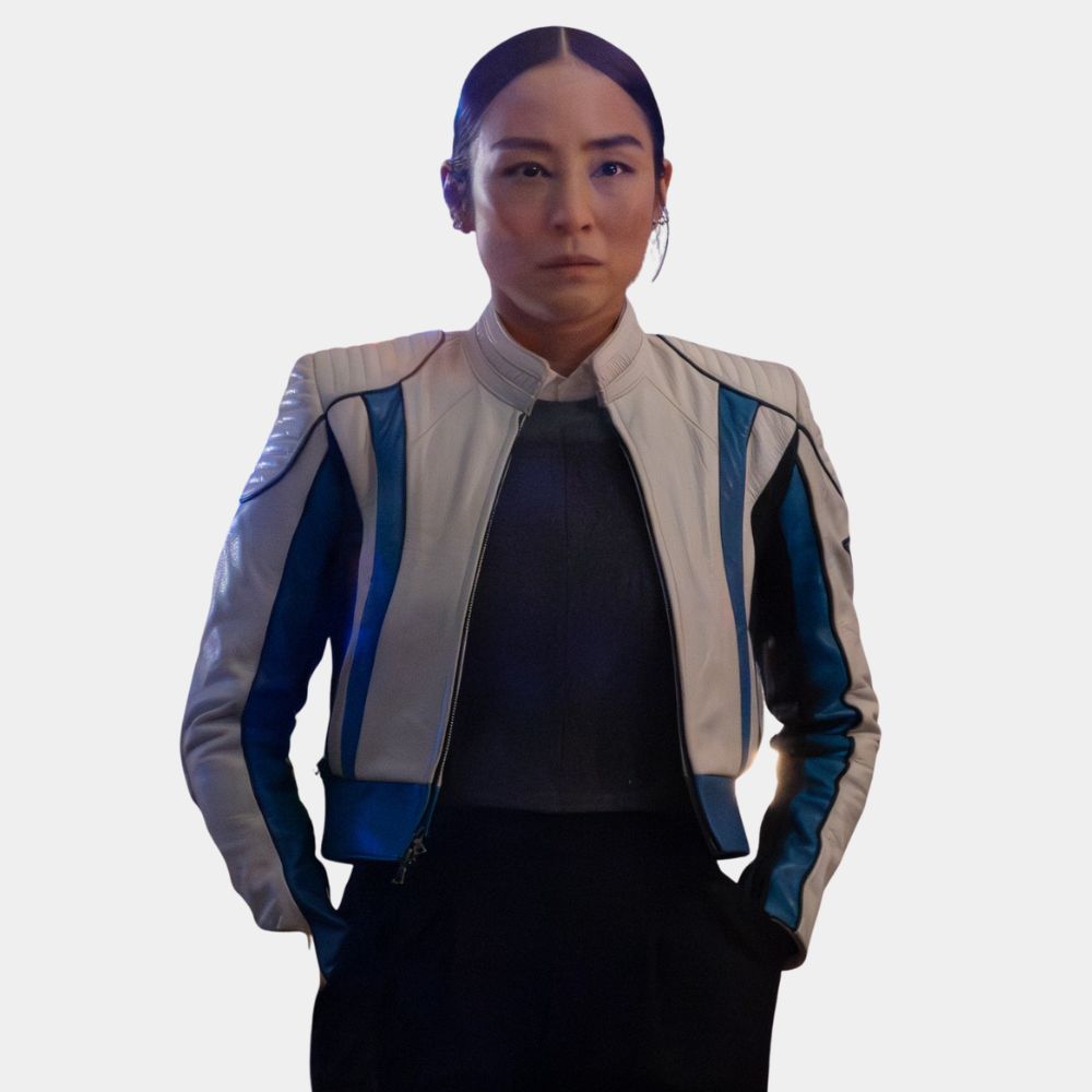 Tron Ares  Eve Kim White Cafe Racer Leather Jacket - Character Front View