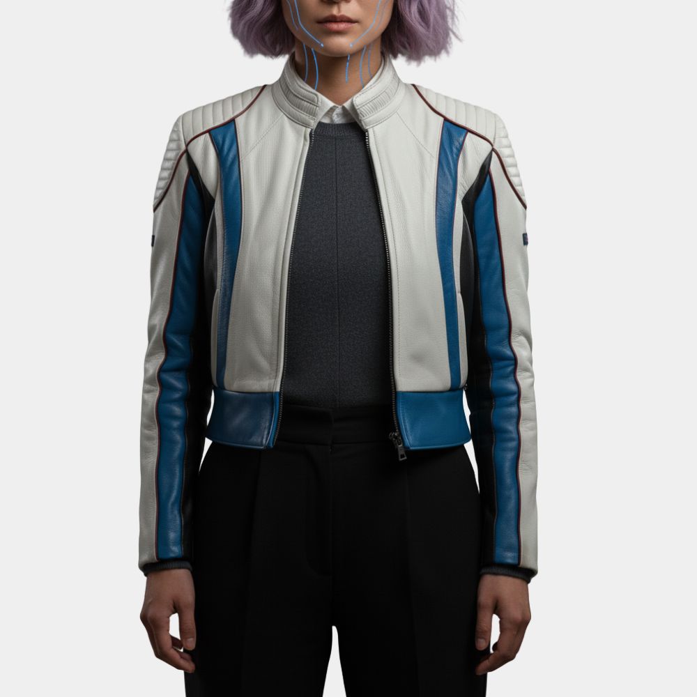 Tron Ares  Eve Kim White Cafe Racer Leather Jacket - Front View