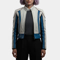 Tron Ares  Eve Kim White Cafe Racer Leather Jacket - Front View