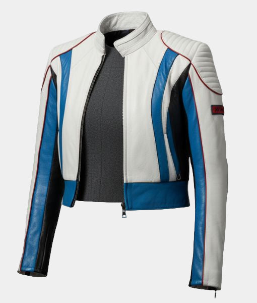 Tron Ares  Eve Kim White Cafe Racer Leather Jacket - Mannequin Front View