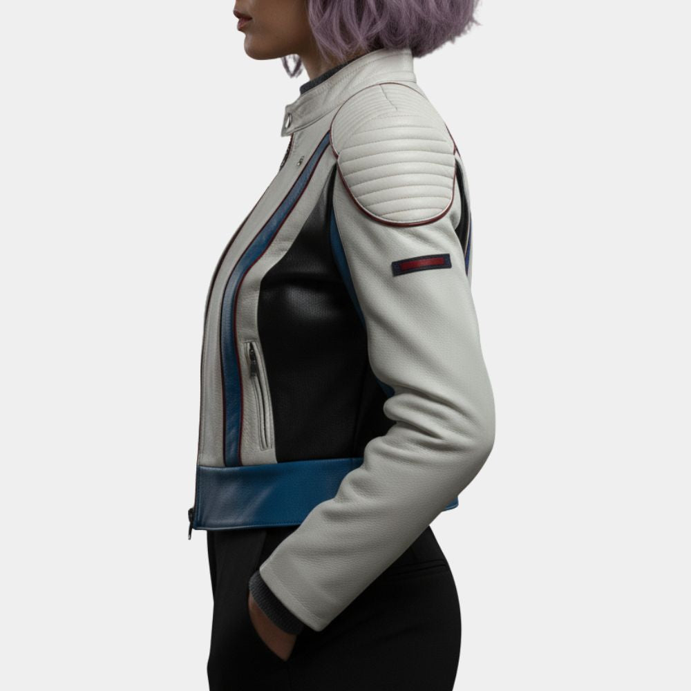 Tron Ares  Eve Kim White Cafe Racer Leather Jacket - Side View
