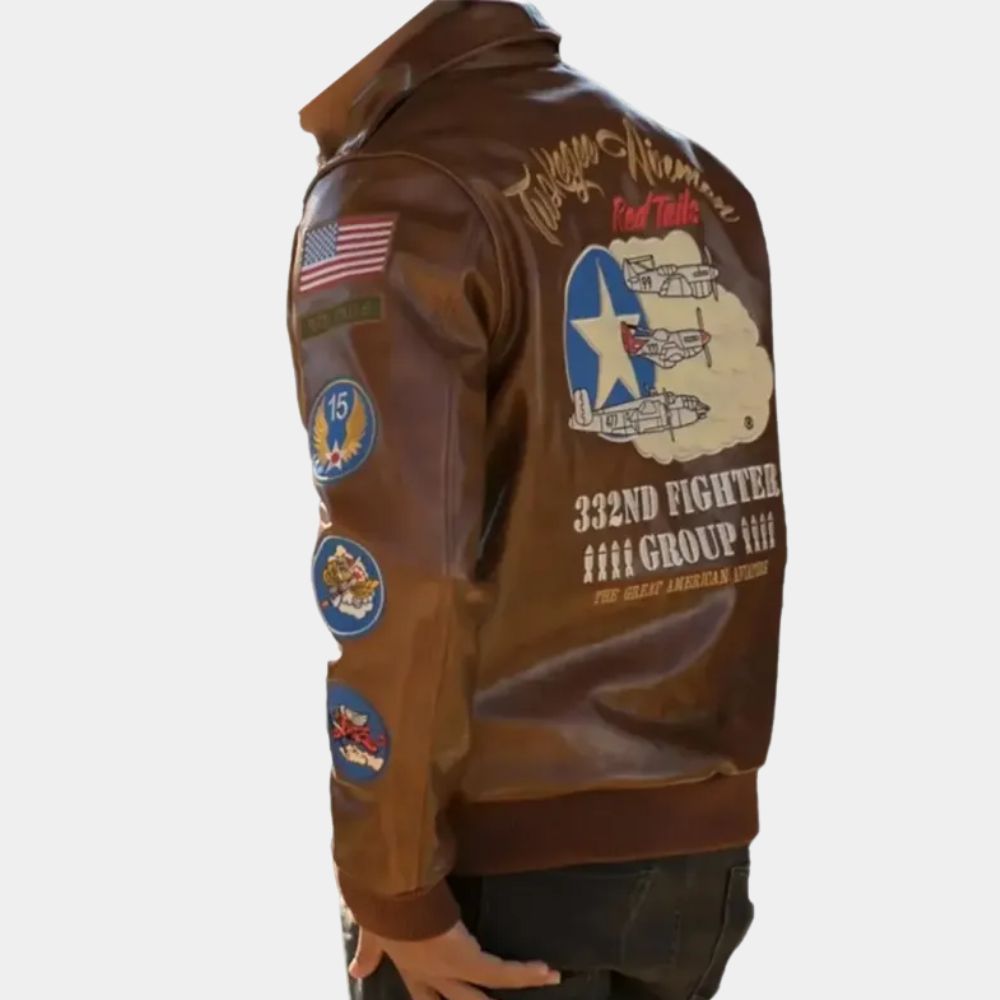 Tuskegee Airmen  Tan Leather Bomber Jacket - Back View