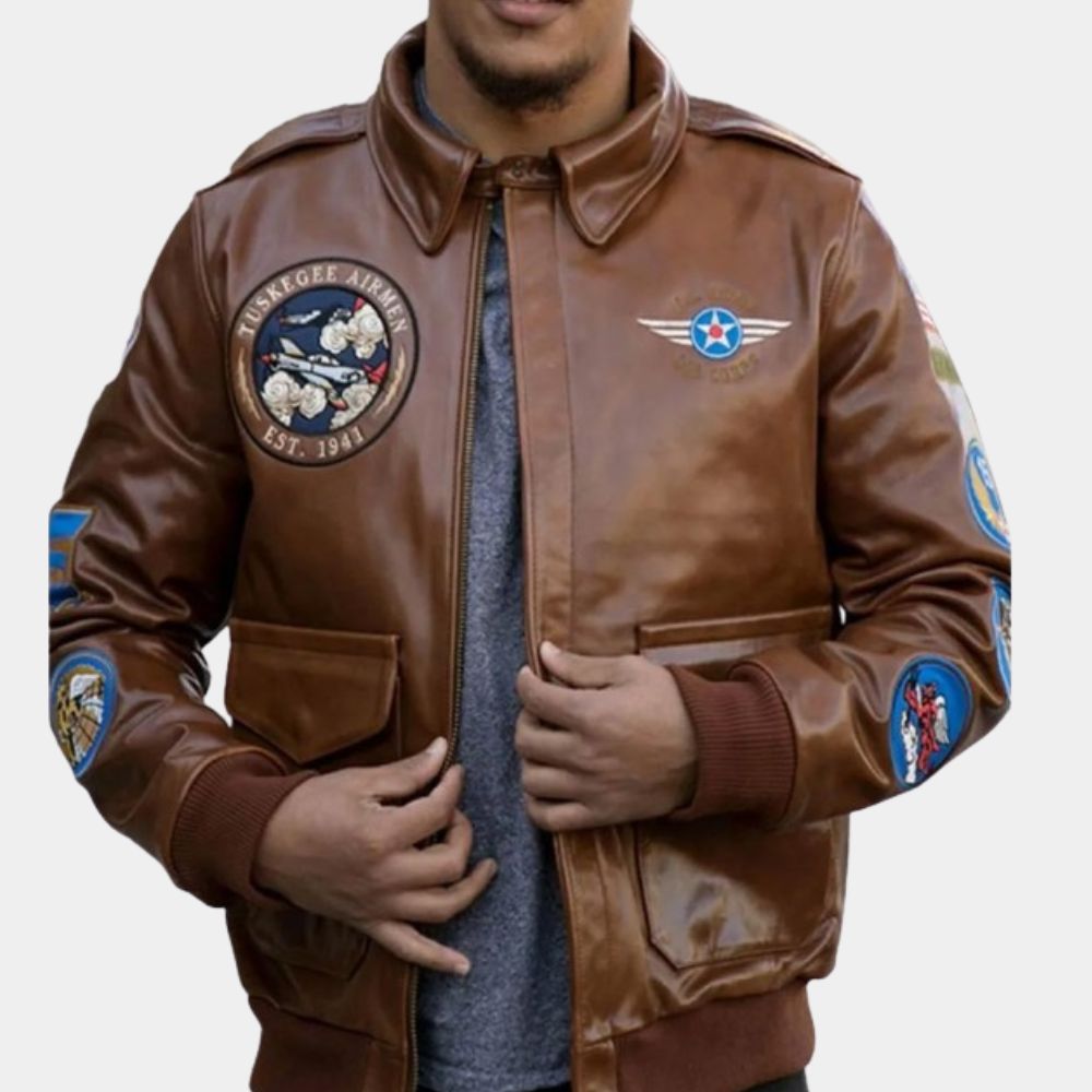 Tuskegee Airmen  Tan Leather Bomber Jacket - Front View