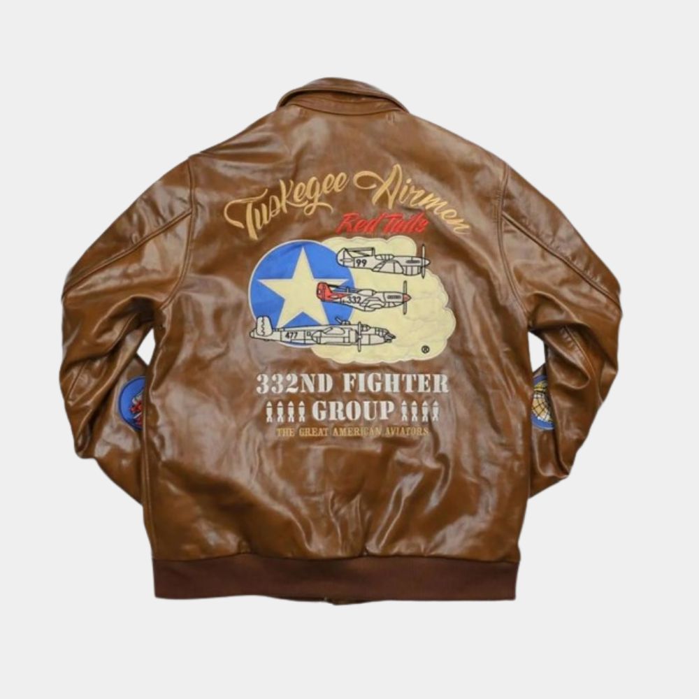 Tuskegee Airmen  Tan Leather Bomber Jacket - Mannequin Back View
