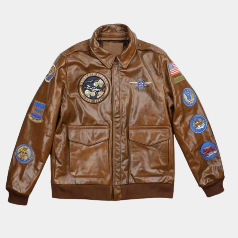 Tuskegee Airmen  Tan Leather Bomber Jacket - Mannequin Front View