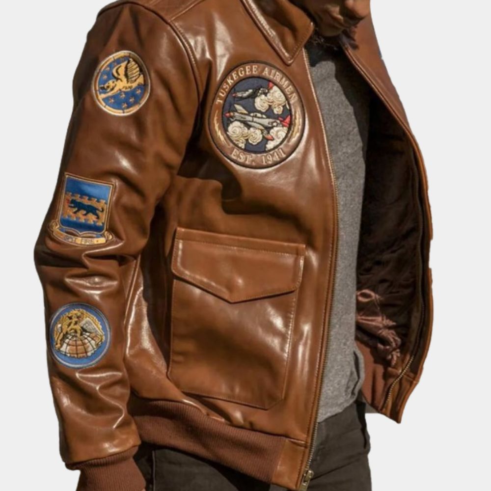 Tuskegee Airmen  Tan Leather Bomber Jacket - Side View