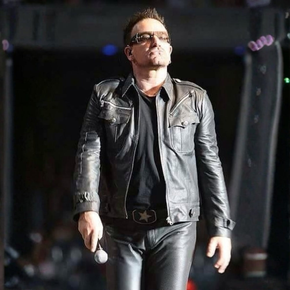 U2  Innocence + Experience Bono Vox Black Leather Jacket - Character Front View