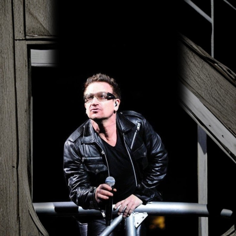 U2  Innocence + Experience Bono Vox Black Leather Jacket - Close - Up Front View