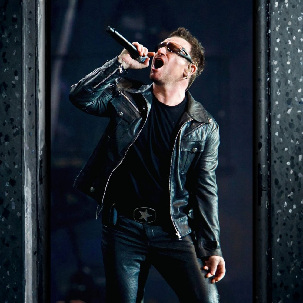 U2  Innocence + Experience Bono Vox Black Leather Jacket - Posture Front View