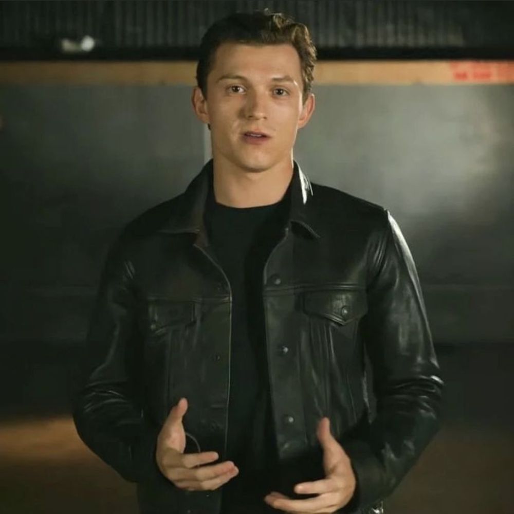 Uncharted  Nathan Drake aka Tom Holland Trucker Style Black Leather Jacket - Character Front View