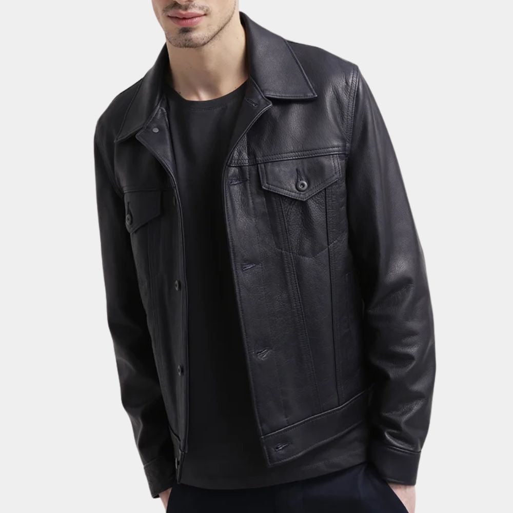 Uncharted  Nathan Drake aka Tom Holland Trucker Style Black Leather Jacket - Front View