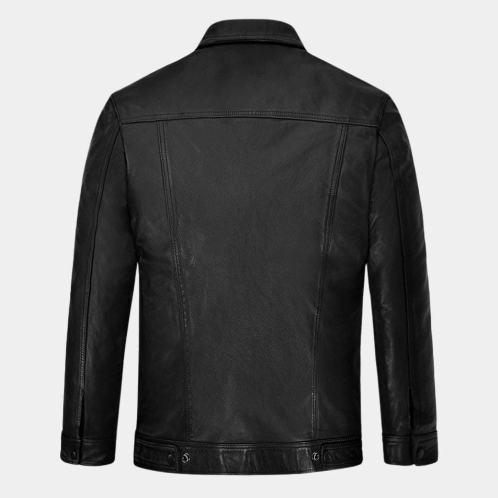 Uncharted  Nathan Drake aka Tom Holland Trucker Style Black Leather Jacket - Mannequin Back View