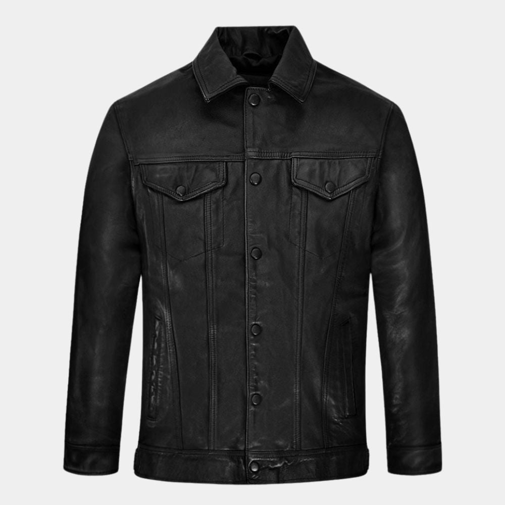 Uncharted  Nathan Drake aka Tom Holland Trucker Style Black Leather Jacket - Mannequin Front View
