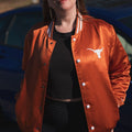 University Of Austin  Texas Longhorns Orange Bomber Jacket - Front Close - Up View