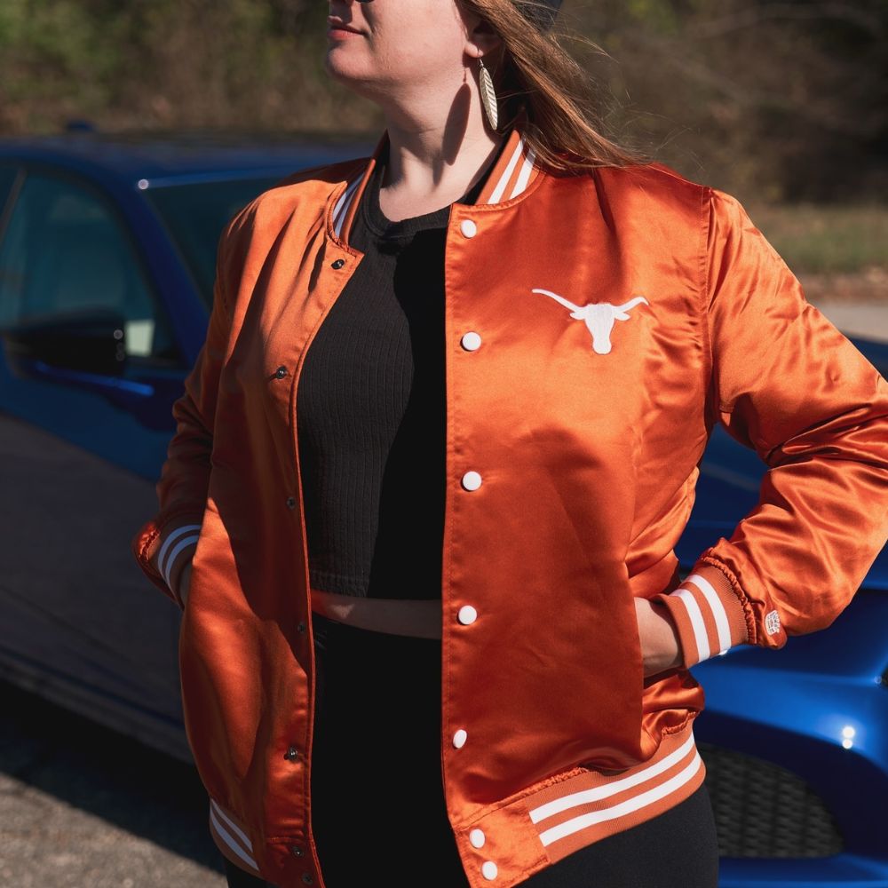 University Of Austin  Texas Longhorns Orange Bomber Jacket - Front View