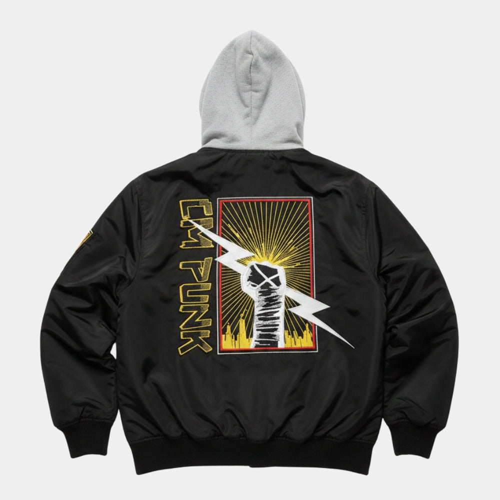 WWE  Monday Night Raw CM Punk Black Bomber Hooded Jacket - Mannequin Back View