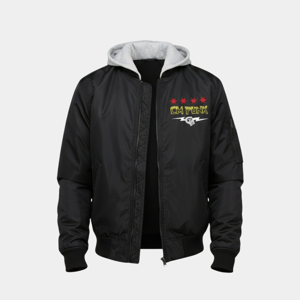 WWE  Monday Night Raw CM Punk Black Bomber Hooded Jacket - Mannequin Front View