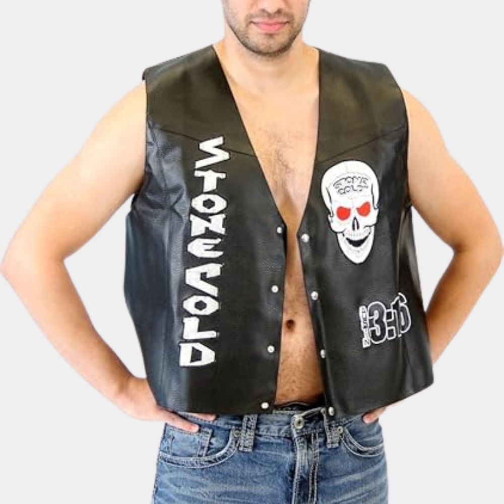 WWE  Stone Cold aka Steve Austin Black Leather Vest - Front View