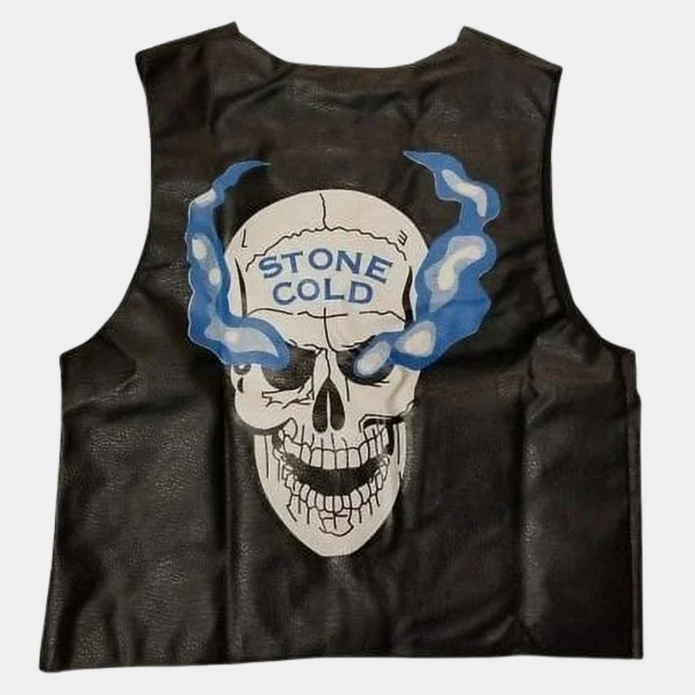 WWE  Stone Cold aka Steve Austin Black Leather Vest - Mannequin Back View
