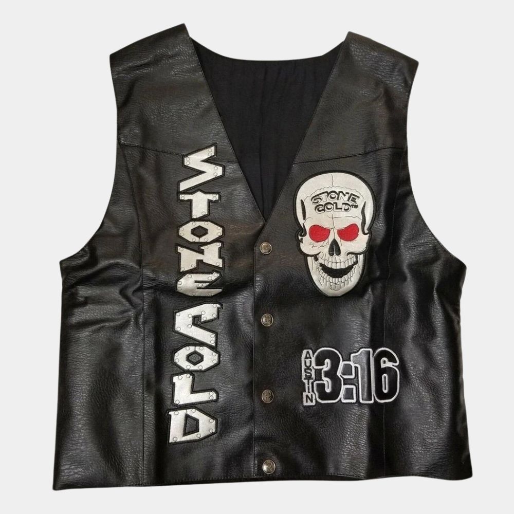 WWE  Stone Cold aka Steve Austin Black Leather Vest - Mannequin Front View