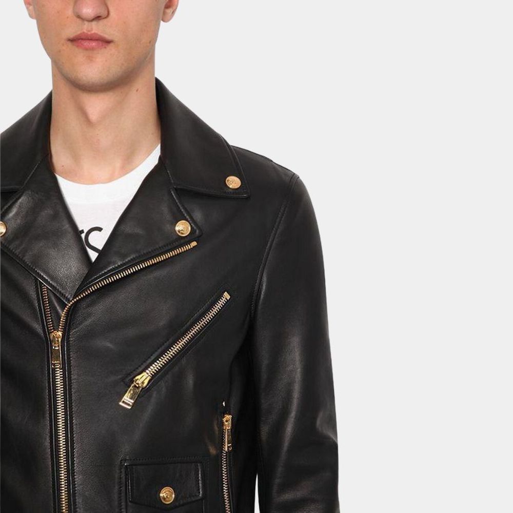 Wade Black Leather Biker Jacket - Front Close - Up View