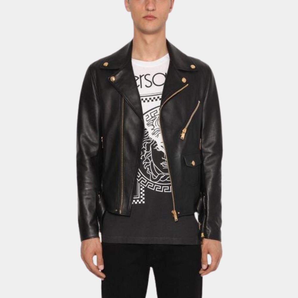 Wade Black Leather Biker Jacket - Front Posture View