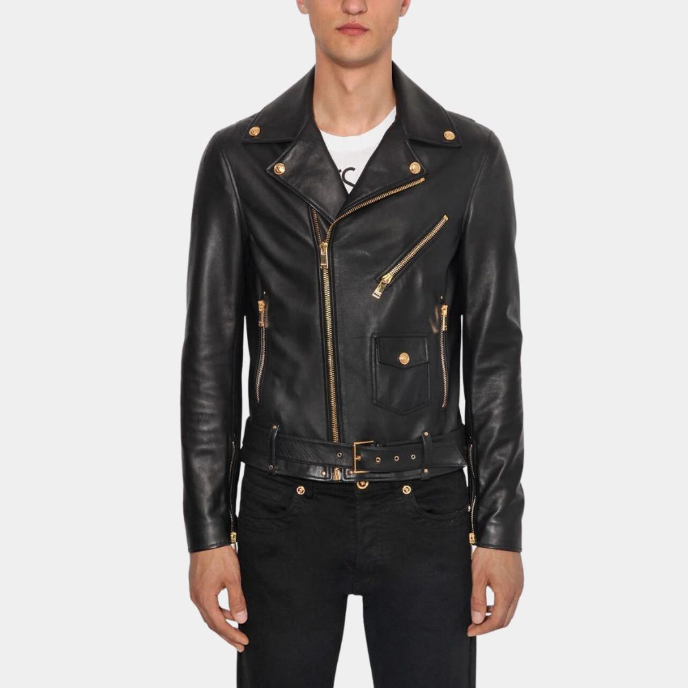 Wade Black Leather Biker Jacket - Front View