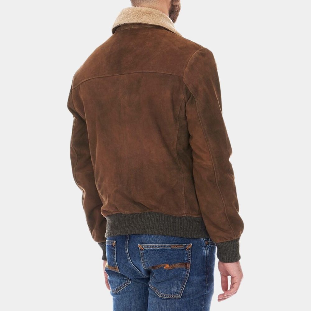 Walker Brown Suede Leather Shearling Collar Jacket - Back View