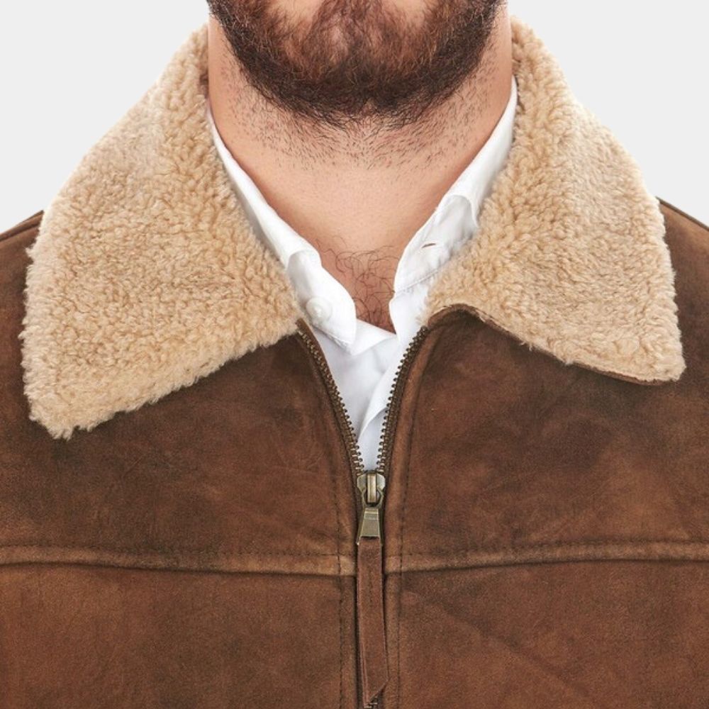 Walker Brown Suede Leather Shearling Collar Jacket - Front Collar Close - Up View