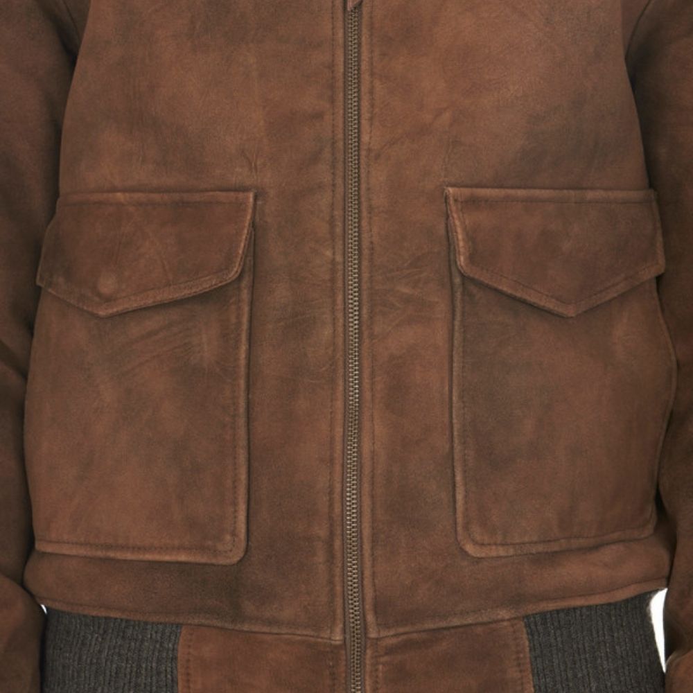 Walker Brown Suede Leather Shearling Collar Jacket - Front Pocket View