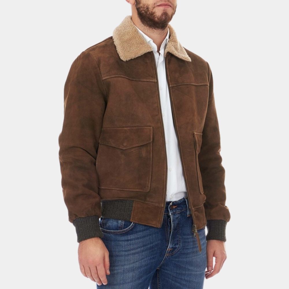 Walker Brown Suede Leather Shearling Collar Jacket - Front Posture View