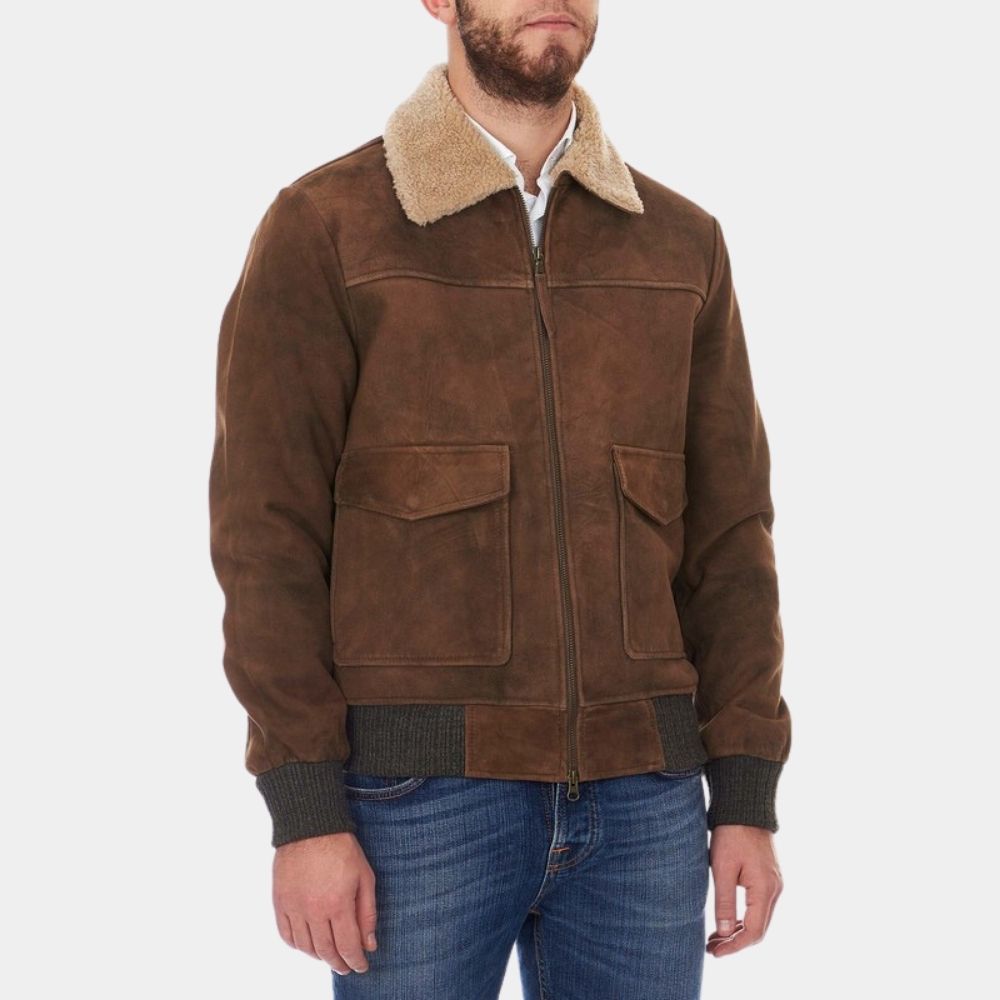 Walker Brown Suede Leather Shearling Collar Jacket - Front View