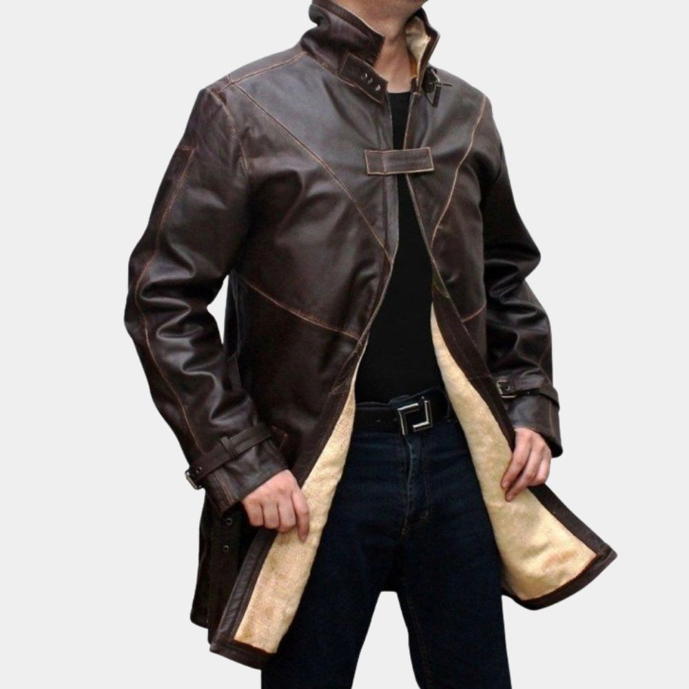 Watch Dogs  Aiden Pearce Brown Leather Jacket - Close - Up Front View