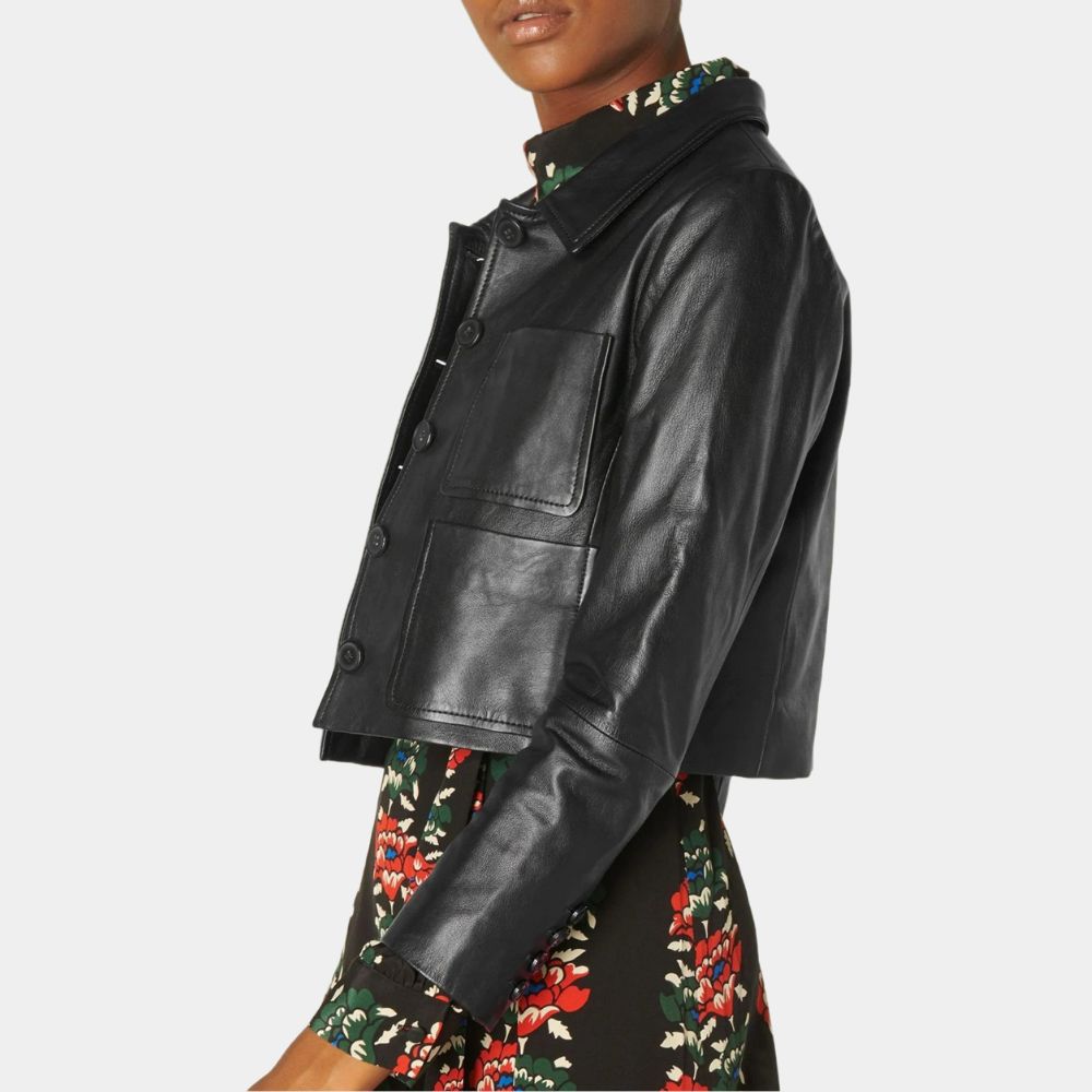 Wednesday  Jenna Ortega Black Leather Jacket - Side View