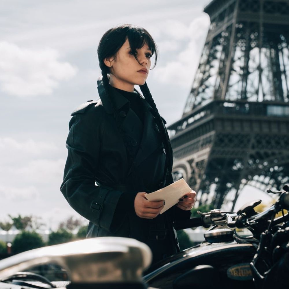 Wednesday S03 Jenna Ortiga Black Leather Coat - Character Front View