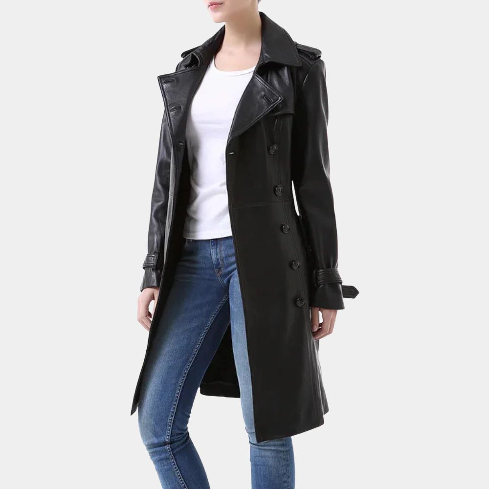 Wednesday S03 Jenna Ortiga Black Leather Coat - Front Open View