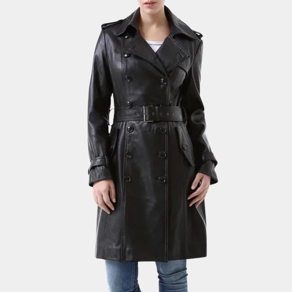 Wednesday S03 Jenna Ortiga Black Leather Coat - Front View