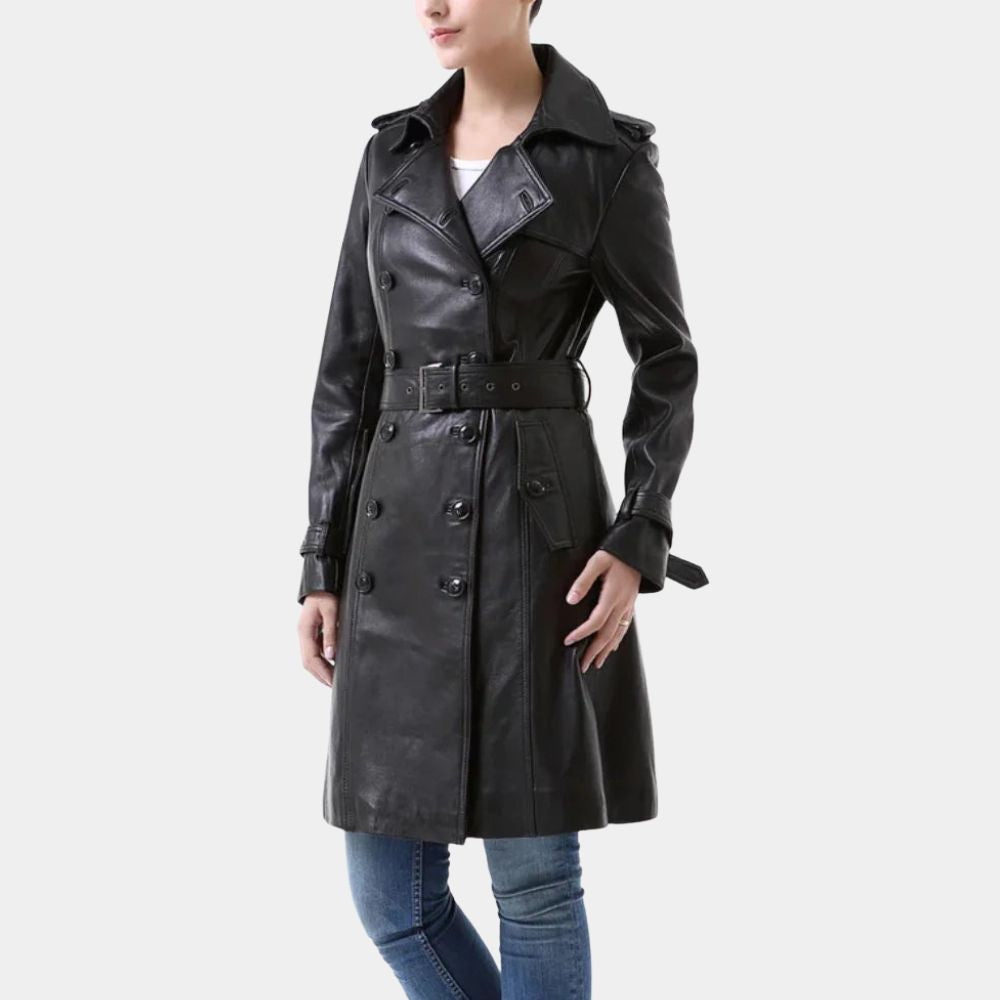 Wednesday S03 Jenna Ortiga Black Leather Coat - Side View