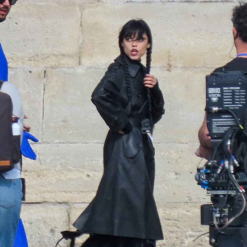 Wednesday S03 Jenna Ortiga Black Leather Coat with Double Breasted Fastening - Character Images