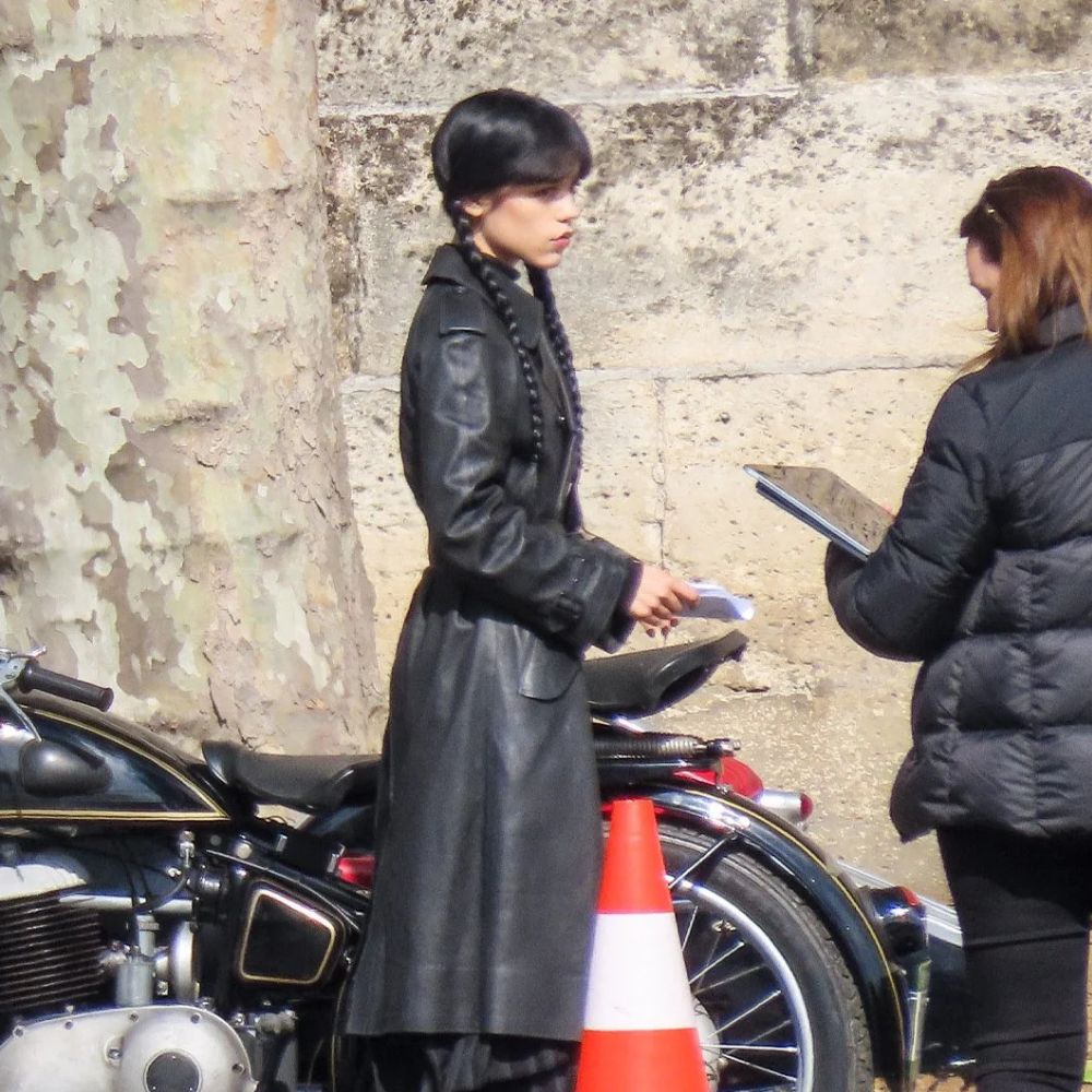 Wednesday S03 Jenna Ortiga Black Leather Coat with Double Breasted Fastening - Character Side View Images