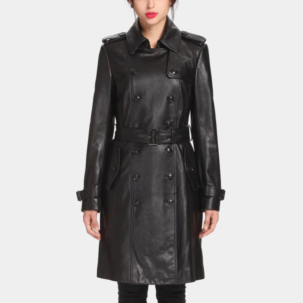 Wednesday S03 Jenna Ortiga Black Leather Coat with Double Breasted Fastening - Front Closure View