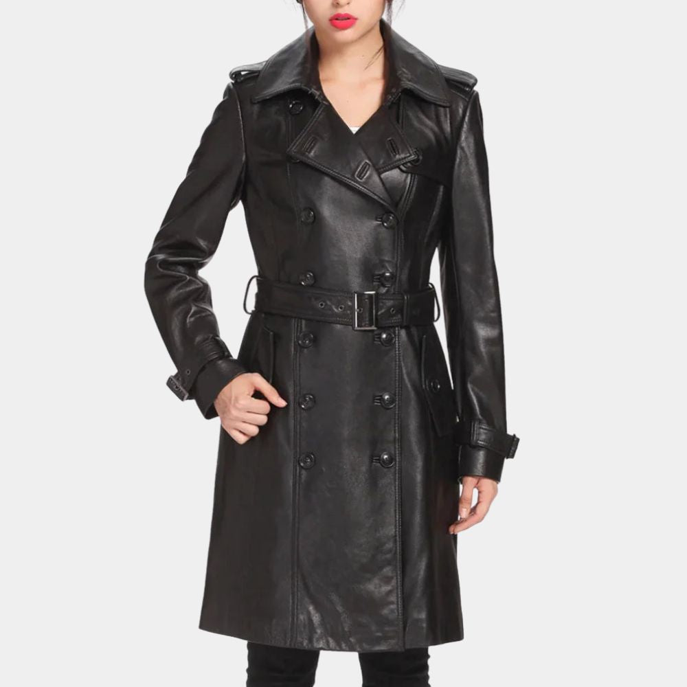 Wednesday S03 Jenna Ortiga Black Leather Coat with Double Breasted Fastening - Front View
