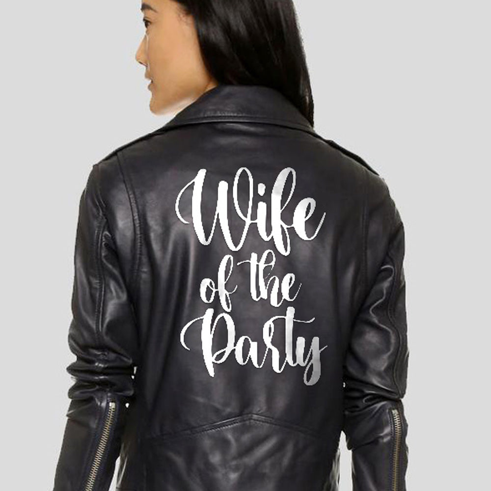 Wife of the Party Printed Leather Biker Leather Jacket - Close - Up Back View