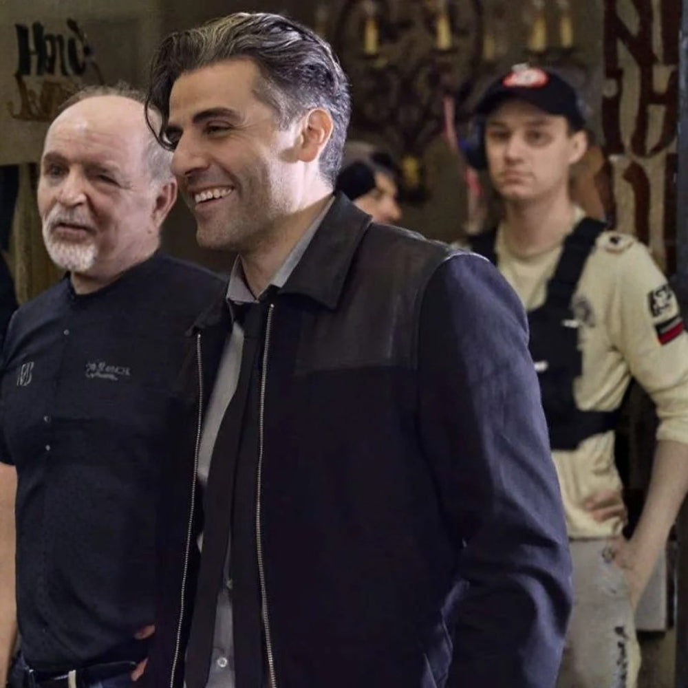 William Tell  The Card Counter Oscar Isaac Black Wool and Leather Jacket - Character Side View