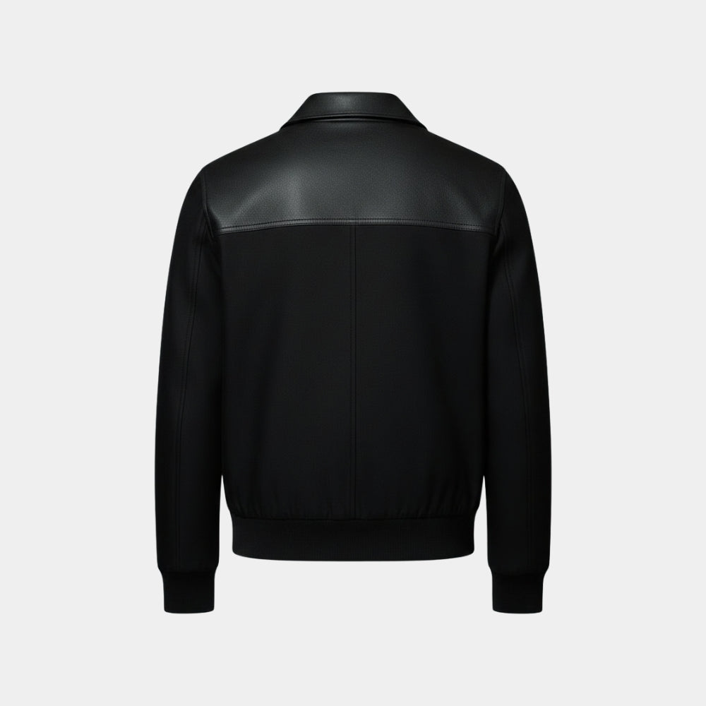 William Tell  The Card Counter Oscar Isaac Black Wool and Leather Jacket - Mannequin Back View