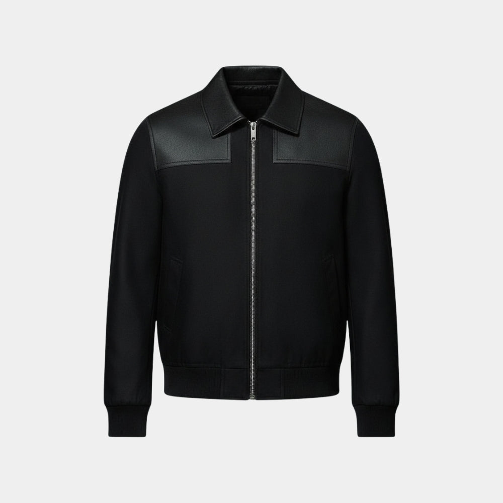 William Tell  The Card Counter Oscar Isaac Black Wool and Leather Jacket - Mannequin Front View