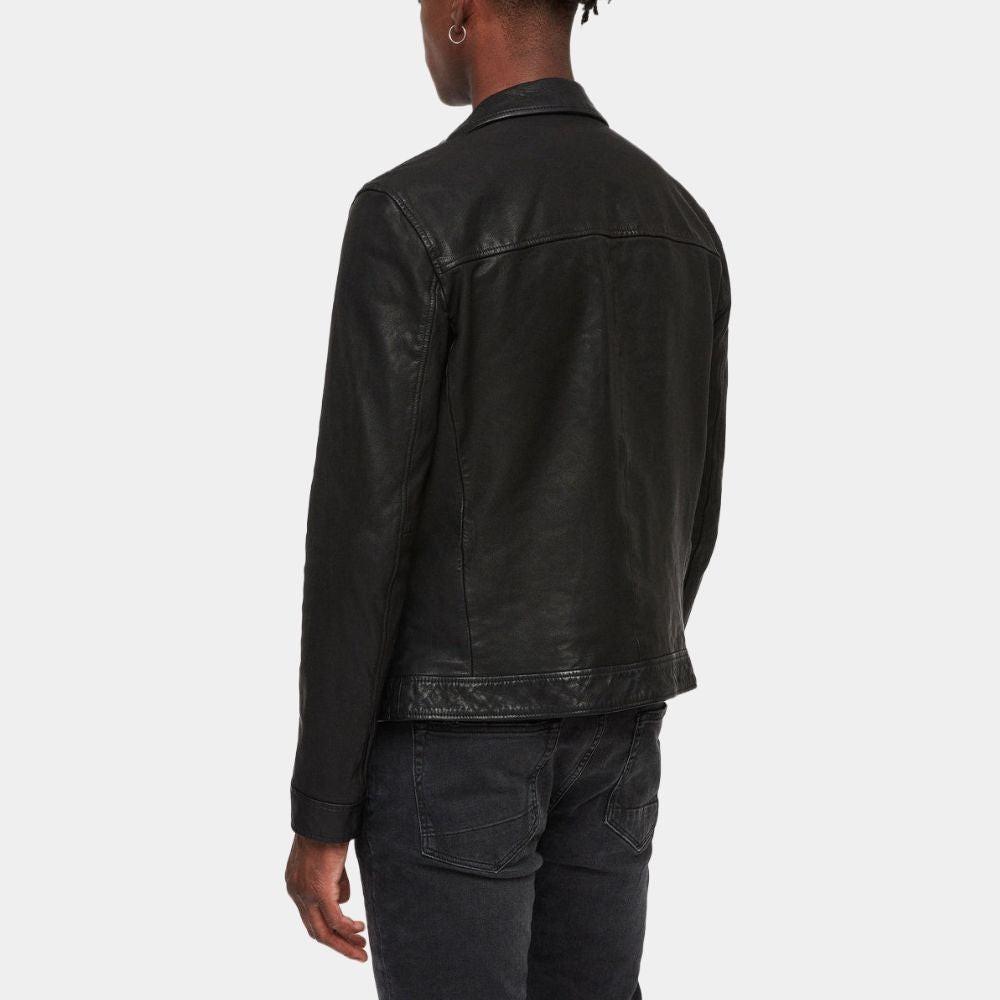 Wolfs Brad Pitt Black Leather Jacket - Back View