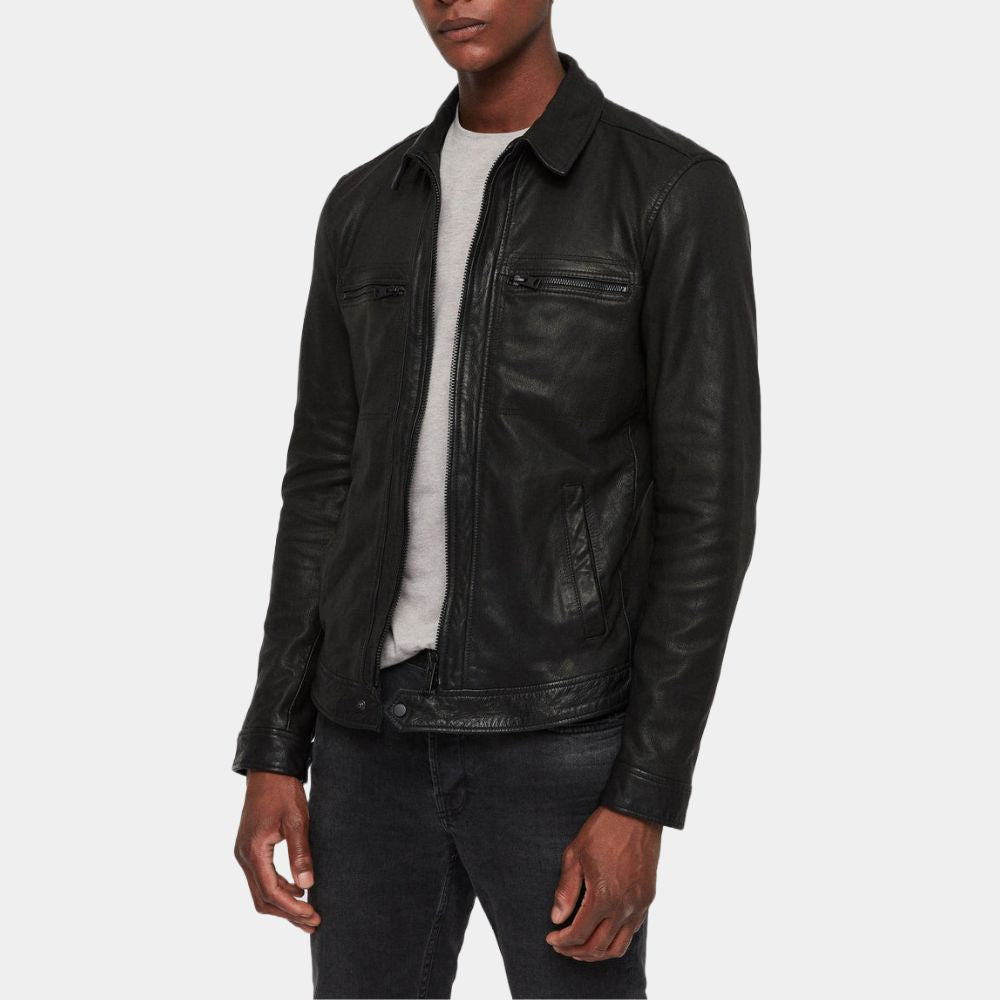Wolfs Brad Pitt Black Leather Jacket - Front Posture View