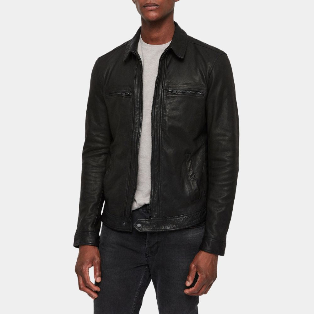 Wolfs Brad Pitt Black Leather Jacket - Front View