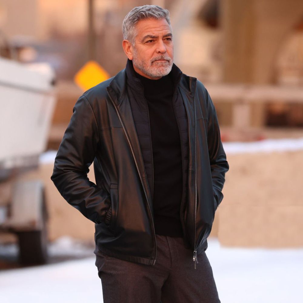 Wolfs George Clooney Black Leather Jacket - Character Front Posture View